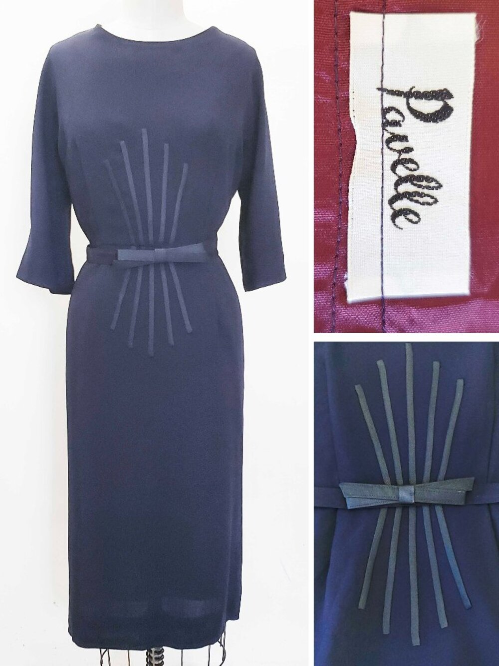 Vintage 40s 50s Pavelle Plus Size Women's Navy Sheath Dress Sunburst Belt